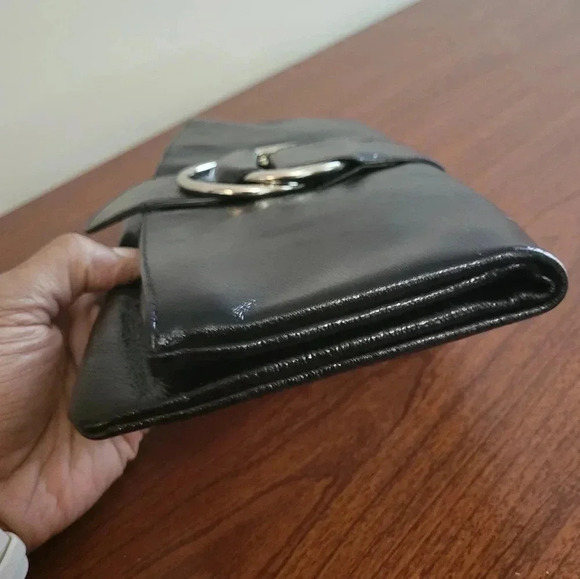 HOBO International Fold-over Black Patent Leather Clutch Silver Buckle Accent - Picture 2 of 10